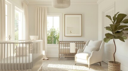 Fototapeta premium Elegant Nursery View: Showcase sophistication with a wide-angle view of a white nursery.