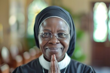 Smiling Catholic Nun. Portrait of Happy Woman, Sister in her 30s, Praying and Looking Content in Church - obrazy, fototapety, plakaty