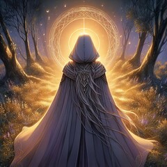 Enchanted Evening: A Wizard’s Moonlit Spellcasting in the Mystical Forest of Whispering Trees and Ethereal Starlight Illumination - obrazy, fototapety, plakaty