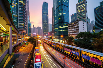 Modern metropolis, skyscrapers, highways against the background of sunset. The City of the Future. Smart cars with automatic sensor driving on metropolis with wireless connection