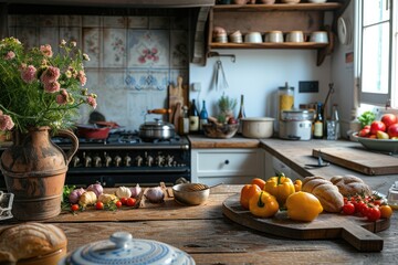 Preparation of a French Provencal dinner in a rustic vintage kitchen - obrazy, fototapety, plakaty