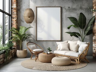 Frame mockup of a wall blank frames in living room with lounge, sunlight and shadow from the window,