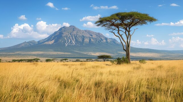 Spectacular African savanna landscape with mountain view in a national park. Perfect for travel and nature getaway