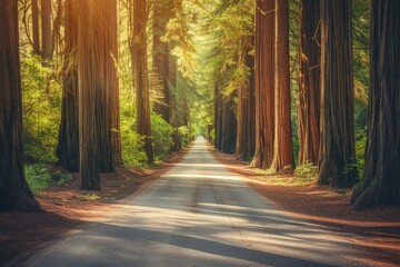 Quiet country road lined with tall, mature trees with sunlight filtering through.