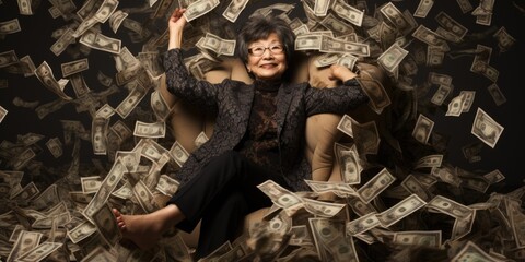 Billionaire on Huge Pile of Banknotes Rich and Prosperity Comeliness