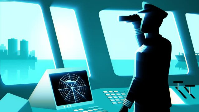 Motion graphic of a ship captain using a binoculars in navigation room