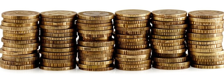 Stacked Euro Coins Isolated on White Background. Concept of Money, Wealth, Savings, and Metal Gold