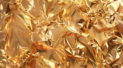 Golden shiny crumpled foil. Gold, yellow, metallic texture, background, abstract, simple, 3D rendering, close up. Generated by artificial intelligence.