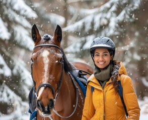 Winter Equestrian: Confident Indian Woman with Dutch Warmblood Horse in Snowy Forest generative ai - obrazy, fototapety, plakaty