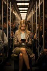 Fototapeta na wymiar Woman Checking Cell Phone in Subway