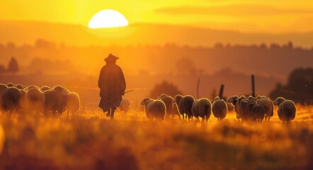 Sunrise Herding: A Shepherd Tends to his Flock of Sheep in a Serene Pasture - obrazy, fototapety, plakaty