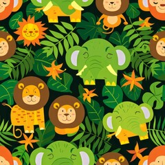 Cartoon Animals Seamless Pattern: Teddy Bear, Lion, Panda, Dog, and more in Vector Illustration for Kids' Fun and Wildlife Exploration