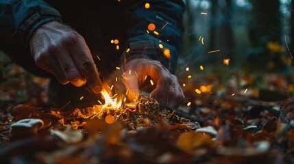 Survival Adventure: Man's Hand Making Fire with Tinder Polypore Fungus and Knife in Closeup - Nature's Active Spark