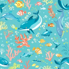 Cercles muraux Vie marine Ocean Life Seamless Patterns with Fishes and Marine Animals
