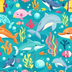 Ocean Life Seamless Patterns with Fishes and Marine Animals