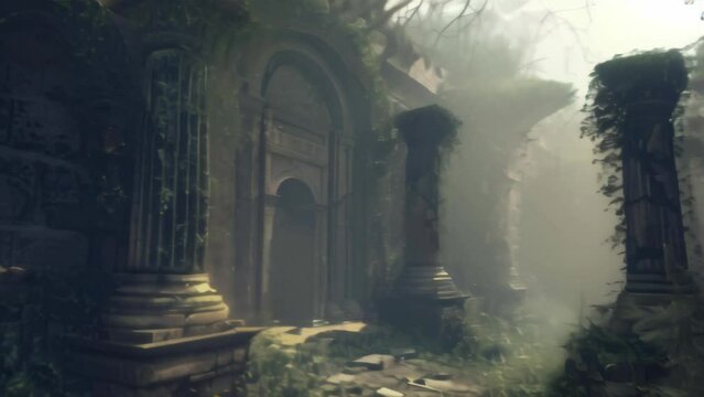 Sunlit forest ruins covered in moss. Peaceful ancient architecture with nature reclaiming