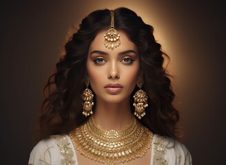 Radiant Beauty: Gold Jewelry and Earrings Captured in Softbox Lighting, Brushwork Emphasis generative ai