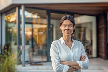 A woman stands in front of a house with her arms crossed. She is smiling and she is posing for a photo. Confident American woman real estate agent - obrazy, fototapety, plakaty