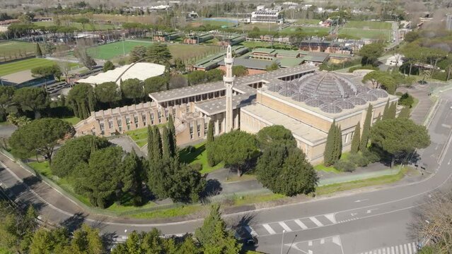 Aerial view of the Mosque of Rome, the largest mosque in the Western world. It is the seat of the Italian Islamic Cultural Centre and it's located in Parioli district, north of Rome, Italy.
