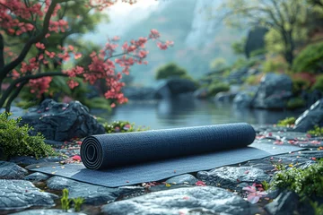 Selbstklebende Fototapeten A yoga mat unrolled in a serene natural setting, where the practice of yoga harmonizes with the soothing sounds of nature. Concept of outdoor yoga and well-being. Generative Ai. © Sebastian