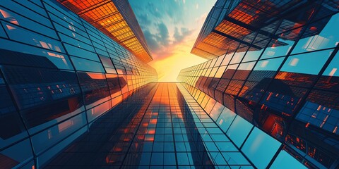 Modern skyscrapers of a smart city, futuristic financial district, graphic perspective of buildings and reflections - Architectural sunset hitting the buildings - obrazy, fototapety, plakaty