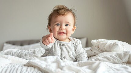 joy of a 1-year-old pointing with a happy expression on a bed. - obrazy, fototapety, plakaty