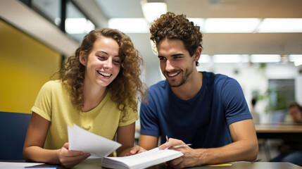 Obraz premium A man and a woman carefully read contracts on slips of paper