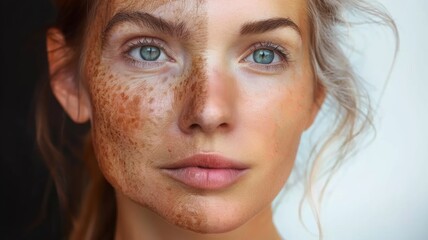 Dual age face with sunspots and blue eyes - Image melding youthful and elderly facial features with sunspots and blue eyes reflecting the passing of time