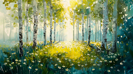 Spring birch painting. Art and nature. Summertime concept. - 755884557