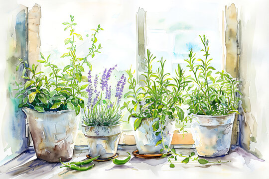Kitchen herbs green garden near window. Watercolor horizontal illustration. Plants in pot