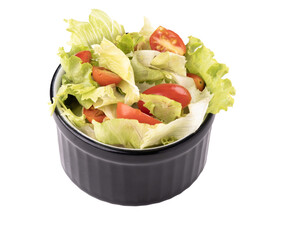 mini salad bowl with lettuce and cherry tomatoes isolated on white background