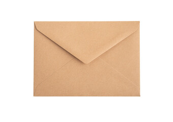 Closed new kraft paper envelope isolated on white background, transparent PNG