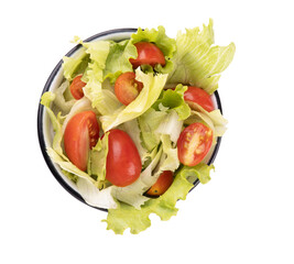 salad bowl with lettuce and cherry tomatoes top view isolated on white background