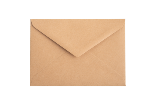 Closed new kraft paper envelope isolated on white background, transparent PNG