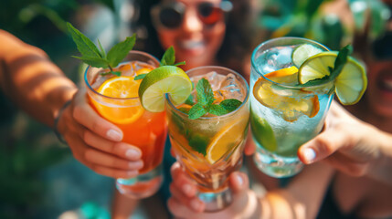 Happy friends having fun drinking mojito cocktails on happy hour