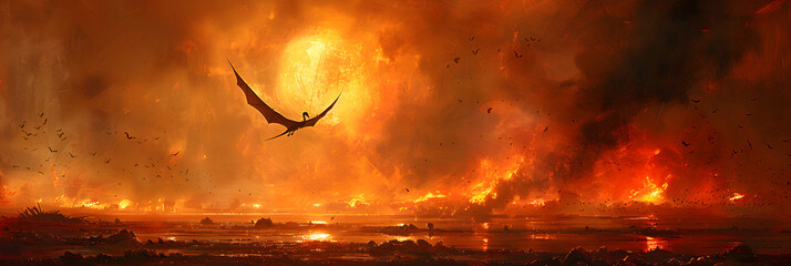Pterosaurs and mass extinction,
Dragon flying over a mountain with a sunset background - obrazy, fototapety, plakaty
