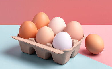 a box of eggs are shown with some eggs in it, colorful, pastel simple background сreated with Generative Ai