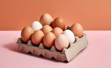 a box of eggs are shown with some eggs in it, colorful, pastel simple background сreated with Generative Ai