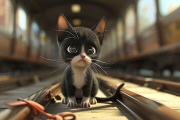 Small Kitten on Train Track - obrazy, fototapety, plakaty