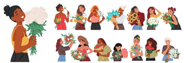 Women Clutching Flower Bouquets Embody Grace And Beauty, Their Arms Cradling Vibrant Blooms, Vector Illustration