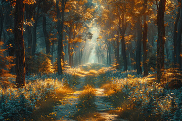 Obraz premium A meandering forest trail adorned with dappled sunlight, creating an enchanting atmosphere for a nature walk. Concept of exploring hidden pathways. Generative Ai.