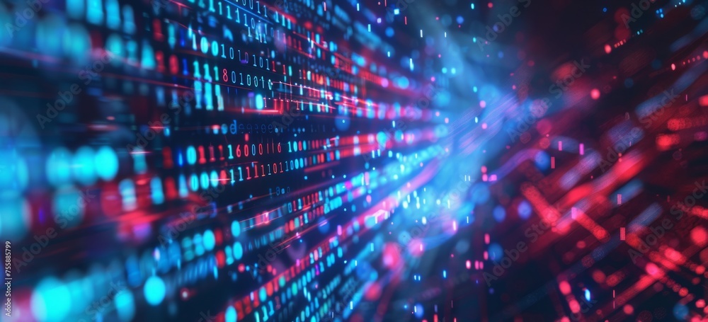 Poster digital background featuring blue and red glowing data on a computer screen with light blurred effec