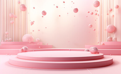 empty podium, confettis on the floor, pastel pink background сreated with Generative Ai
