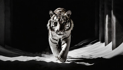 Grayscale photo of majestic white tiger navigating snowdrift - Powered by Adobe