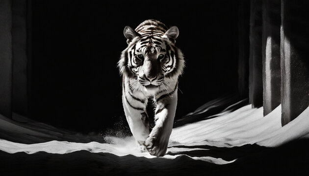 Grayscale photo of majestic white tiger navigating snowdrift