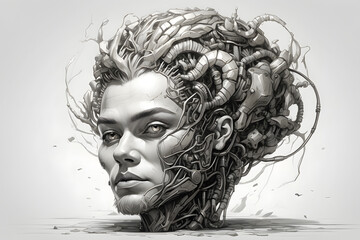 Grayscale illustration of a woman merging with cybernetic technology in her head