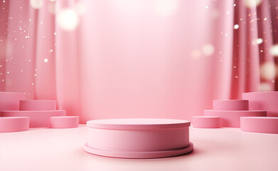 empty podium, confettis on the floor, pastel pink background сreated with Generative Ai