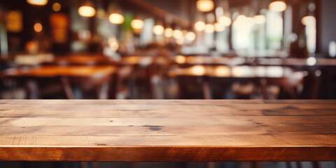 The empty wooden table top with blur background of indoor vintage cafe