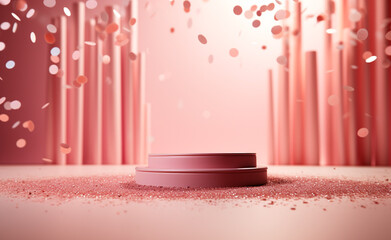 empty podium, confettis on the floor, pastel pink background сreated with Generative Ai