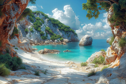 A hidden beach cove accessible only by a rocky trail, offering seclusion and tranquility by the sea. Concept of undiscovered coastal serenity. Generative Ai.